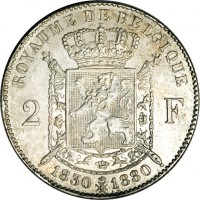 reverse of 2 Francs - Leopold II - 50th anniversary of independence (1880) coin with KM# 39 from Belgium. Inscription: ROYAUME DE BELGIQUE 2 F 1830 1880