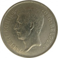obverse of 4 Belga / 20 Francs - Albert I - Dutch text (1931 - 1932) coin with KM# 102 from Belgium. Inscription: · ALBERT · KONING · · DER · BELGEN · A.B.