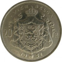 reverse of 4 Belga / 20 Francs - Albert I - Dutch text (1931 - 1932) coin with KM# 102 from Belgium. Inscription: VIER BELGA 20 FR 19 31 G.D.