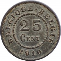 reverse of 25 Centimes (1915 - 1918) coin with KM# 82 from Belgium. Inscription: BELGIQUE · BELGIE 25 CENT · 1916 ·