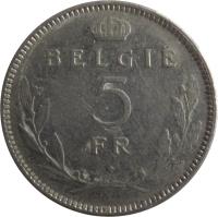 reverse of 5 Francs - Leopold III - Dutch text (1936) coin with KM# 109 from Belgium. Inscription: BELGIE 5 FR