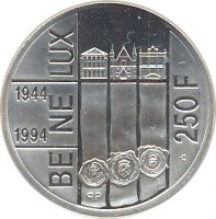 reverse of 250 Francs - Albert II - BE-NE-LUX Treaty (1994) coin with KM# 195 from Belgium. Inscription: BE NE LUX 1944 1994 250 F