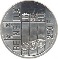 Belgium coin 250 Francs - Albert II - BE-NE-LUX Treaty (1994) reverse reverse of 250 Francs - Albert II - BE-NE-LUX Treaty (1994) coin with KM# 195 from Belgium. Inscription: BE NE LUX 1944 1994 250 F