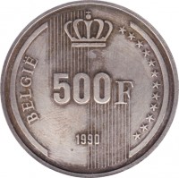 reverse of 500 Francs - Albert II - 60th Birthday of King Baudouin - Dutch text (1990) coin with KM# 178 from Belgium. Inscription: BELGIE 500 F 1990