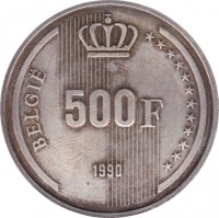 Belgium coin 500 Francs - Albert II - 60th Birthday of King Baudouin - Dutch text (1990) reverse reverse of 500 Francs - Albert II - 60th Birthday of King Baudouin - Dutch text (1990) coin with KM# 178 from Belgium. Inscription: BELGIE 500 F 1990