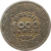 obverse of 1000 Réis - Tobias Barreto (1939) coin with KM# 550 from Brazil. Inscription: BRASIL 1.000 RÉIS 1939