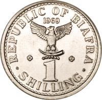 Biafra coin 1 Shilling (1969) reverse reverse of 1 Shilling (1969) coin with KM# 2 from Biafra. Inscription: REPUBLIC OF BIAFRA 1969 1 SHILLING