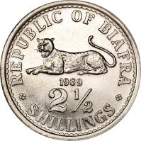 Biafra coin 2 1/2 Shillings (1969) reverse reverse of 2 1/2 Shillings (1969) coin with KM# 4 from Biafra. Inscription: REPUBLIC OF BIAFRA 1969 2½ SHILLINGS