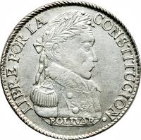 Bolivia coin 4 Soles (1830) obverse obverse of 4 Soles (1830) coin with KM# 96a from Bolivia. Inscription: LIBRE POR LA CONSTITUCION BOLIVAR