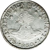 Bolivia coin 4 Soles (1830) reverse reverse of 4 Soles (1830) coin with KM# 96a from Bolivia. Inscription: REPUBLICA BOLIVIANA PTS.4S.1830.J.L