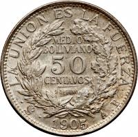 reverse of 1/2 Boliviano (1900 - 1908) coin with KM# 175 from Bolivia. Inscription: LA UNION ES LA FUERZA MEDIO BOLIVIANO .M.M 50 CENTAVOS 9 Ds FINO