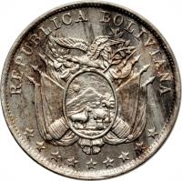 obverse of 5 Centavos (1892) coin with KM# 171 from Bolivia. Inscription: REPUBLICA BOLIVIANA