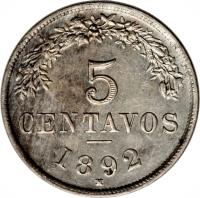 reverse of 5 Centavos (1892) coin with KM# 171 from Bolivia. Inscription: 5 CENTAVOS 1892
