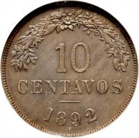 reverse of 10 Centavos (1892) coin with KM# 172 from Bolivia. Inscription: 10 CENTAVOS 1892