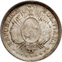 obverse of 1/2 Boliviano (1873 - 1900) coin with KM# 161 from Bolivia. Inscription: REPUBLICA BOLIVIANA