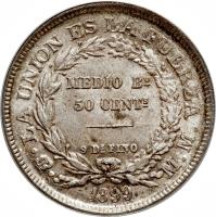 reverse of 1/2 Boliviano (1873 - 1900) coin with KM# 161 from Bolivia. Inscription: LA UNION ES LA FUERZA MEDIO Bo 50 CENTs 9 DsFINO 1892