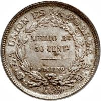 Bolivia coin 1/2 Boliviano (1873 - 1900) reverse reverse of 1/2 Boliviano (1873 - 1900) coin with KM# 161 from Bolivia. Inscription: LA UNION ES LA FUERZA MEDIO Bo 50 CENTs 9 DsFINO 1892
