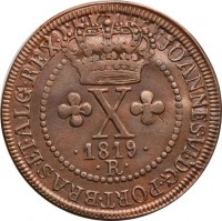 reverse of 10 Réis - João VI (1818 - 1823) coin with KM# 314 from Brazil. Inscription: CIRCUMIT · ORBEM PECUNIA · TOTUM