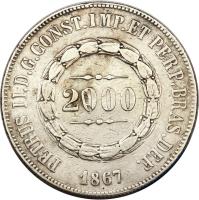 obverse of 2000 Réis - Pedro II (1853 - 1867) coin with KM# 466 from Brazil. Inscription: PETRUS II.D.G.CONST.IMP.ET PERP.BRAS.DEF. 2000 1867