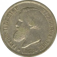 obverse of 500 Réis - Pedro II (1867 - 1868) coin with KM# 472 from Brazil. Inscription: PETRUS II D.G.C.IMP ET PERP.BRAS.DEF. 1867