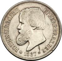 obverse of 500 Réis - Pedro II (1876 - 1889) coin with KM# 480 from Brazil. Inscription: PETRUS II D.G.C.IMP. ET PERP.BRAS.DEF.
