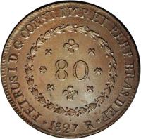obverse of 80 Réis - Pedro I (1823 - 1831) coin with KM# 366 from Brazil. Inscription: PETRUS.I.D.G.CONST.IMP.ET.PERP.BRAS.DEF 80 1827 R