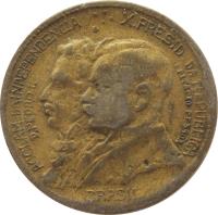 obverse of 500 Réis - Independence Centennial (1922) coin with KM# 521 from Brazil. Inscription: ACCLAM. DA INDEPENDENCIA	X. PRESID. DA REPUBLICA D.PEDRO I.	EPITACIO PESSOA BRASIL