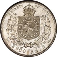 reverse of 2000 Réis - Pedro II (1886 - 1889) coin with KM# 485 from Brazil. Inscription: DECRETO DE 1870 2000 REIS