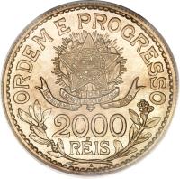 reverse of 2000 Réis - No dashes between stars (1913) coin with KM# 514 from Brazil. Inscription: ORDEM E PROGRESSO ESTADOS UNIDOS DO BRAZIL 15 DE NOVEMBRO DE 1889 2000 RÉIS A