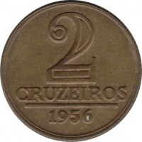 Brazil coin 2 Cruzeiros (1956) reverse reverse of 2 Cruzeiros (1956) coin with KM# 568 from Brazil. Inscription: 2 CRUZEIROS 1956