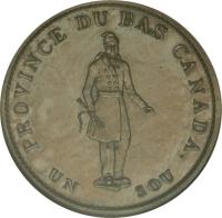 Canadian provinces coin 1/2 Penny - MontReal Concordia Salus Bank Token; CITY BANK (1837) reverse reverse of 1/2 Penny - MontReal Concordia Salus Bank Token; CITY BANK (1837) coin with BR# 522 from Canadian provinces. Inscription: PROVINCE DU BAS CANADA. UN SOU