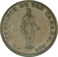 reverse of 1/2 Penny - MontReal Concordia Salus Bank Token; CITY BANK (1837) coin with BR# 522 from Canadian provinces. Inscription: PROVINCE DU BAS CANADA. UN SOU