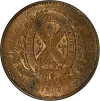 Canadian provinces coin 1/2 Penny - MontReal Concordia Salus Bank Token; QUEBEC BANK (1837) obverse obverse of 1/2 Penny - MontReal Concordia Salus Bank Token; QUEBEC BANK (1837) coin with KM# Tn7 from Canadian provinces. Inscription: BANK TOKEN CONCORDIA SALUS QUEBEC BANK 1837 HALF PENNY.