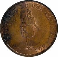 Canadian provinces coin 1/2 Penny - MontReal Concordia Salus Bank Token; QUEBEC BANK (1837) reverse reverse of 1/2 Penny - MontReal Concordia Salus Bank Token; QUEBEC BANK (1837) coin with KM# Tn7 from Canadian provinces. Inscription: PROVINCE DU BAS CANADA. UN SOU