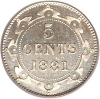 reverse of 5 Cents - Victoria (1865 - 1896) coin with KM# 2 from Canadian provinces. Inscription: 5 CENTS 1881