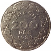 obverse of 200 Réis (1938 - 1942) coin with KM# 545 from Brazil. Inscription: BRASIL 200 RÉIS 1938