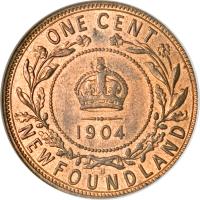 reverse of 1 Cent - Edward VII (1904 - 1909) coin with KM# 9 from Canadian provinces. Inscription: ONE CENT 1904 NEWFOUNDLAND