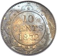 reverse of 10 Cents - Victoria (1865 - 1896) coin with KM# 3 from Canadian provinces. Inscription: 10 CENTS 1872
