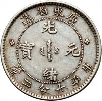 China coin 7.2 Candareens - Guangxu (1890 - 1908) obverse obverse of 7.2 Candareens - Guangxu (1890 - 1908) coin with Y# 200 from China. Inscription: * 造 省 東 廣 * 光 寶 元 緒 釐 二 分 七 平 库