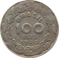 obverse of 100 Réis (1938 - 1942) coin with KM# 544 from Brazil. Inscription: BRASIL 100 RÉIS 1940