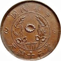 China coin 20 Cash (1920) reverse reverse of 20 Cash (1920) coin with Y# 393 from China. Inscription: 國 民 華 中 元 銅 十 二 當