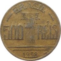 obverse of 500 Réis - Thicker (1936 - 1938) coin with KM# 540 from Brazil. Inscription: BRASIL 500 RÉIS 1938 WT