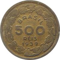 obverse of 500 Réis (1939) coin with KM# 549 from Brazil. Inscription: BRASIL 500 RÉIS 1939