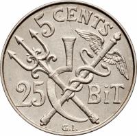 Danish West Indies coin 5 Cents / 25 Bit - Christian IX (1905) reverse reverse of 5 Cents / 25 Bit - Christian IX (1905) coin with KM# 77 from Danish West Indies. Inscription: 5 CENTS 25 BiT