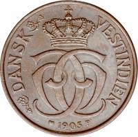 Danish West Indies coin 1 Cent / 5 Bit - Christian IX (1905) obverse obverse of 1 Cent / 5 Bit - Christian IX (1905) coin with KM# 75 from Danish West Indies. Inscription: DANSK VESTINDIEN 1905