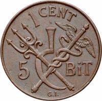 reverse of 1 Cent / 5 Bit - Christian IX (1905) coin with KM# 75 from Danish West Indies. Inscription: 1 CENT 5 BiT