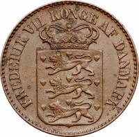 obverse of 1 Cent - Frederik VII (1859 - 1959) coin with KM# 63 from Danish West Indies. Inscription: FREDERIK VII KONGE AF DANMARK