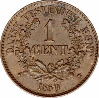 reverse of 1 Cent - Frederik VII (1859 - 1959) coin with KM# 63 from Danish West Indies. Inscription: DANSK VESTINDISK MONT 1 CENT