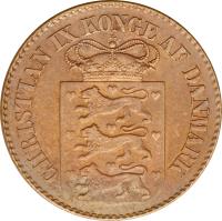 obverse of 1 Cent - Christian IX (1868 - 1883) coin with KM# 68 from Danish West Indies. Inscription: CHRISTIAN IX KONGE AF DANMARK