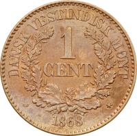 Danish West Indies coin 1 Cent - Christian IX (1868 - 1883) reverse reverse of 1 Cent - Christian IX (1868 - 1883) coin with KM# 68 from Danish West Indies. Inscription: DANSK VESTINDISK MUNT 1 CENT 1883